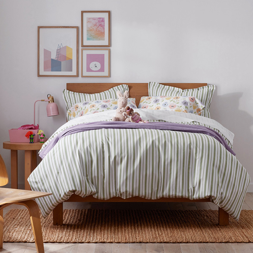 Vertical Stripes Classic Cool Organic Cotton Percale Bed Sheet Set - Moss, Twin,Moss