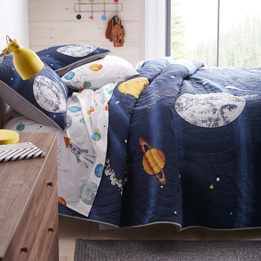 Space Travel Handcrafted Cotton Quilt - Blue, Twin,Multi