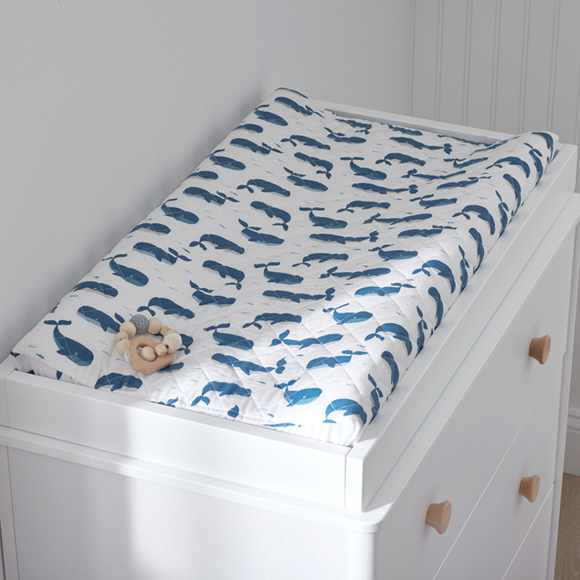 Whale School Classic Cool Organic Cotton Percale Quilted Changing Pad Cover - Blue,Whale School White