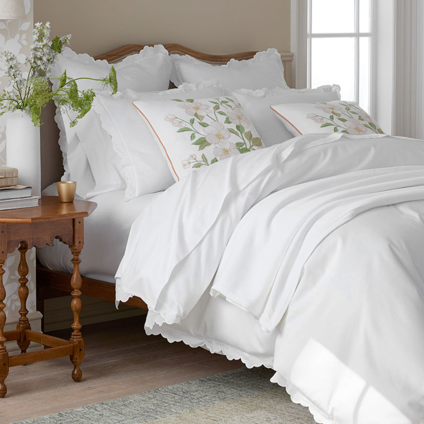 Embroidered Scallop Classic Smooth Sateen Solid Pillowcase Set - White, Standard,White