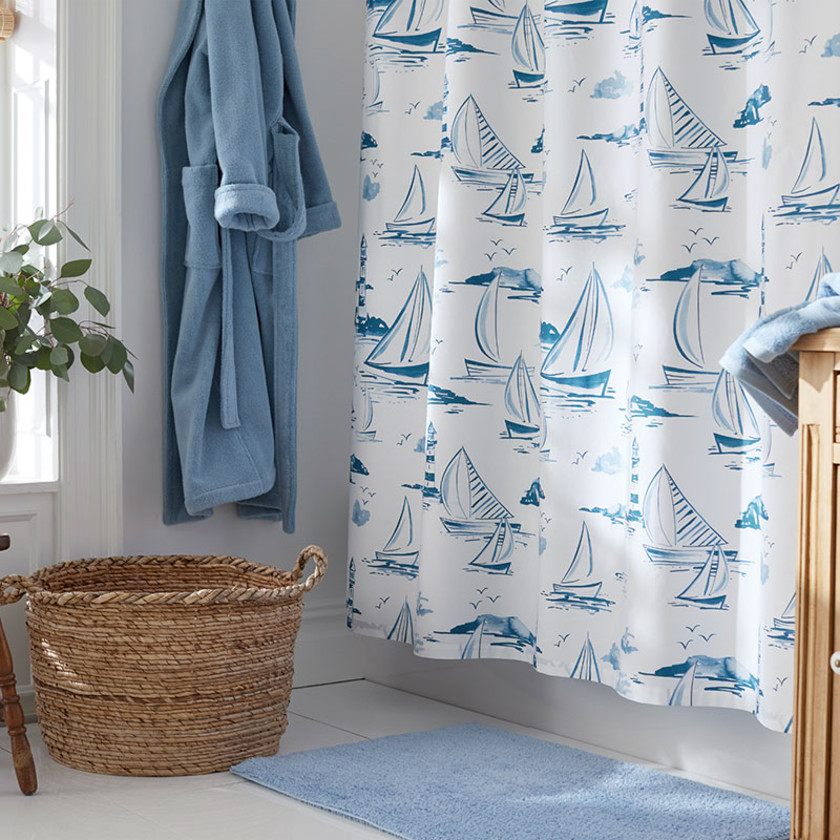 Summer Prints Classic Cool Cotton Percale Shower Curtain - Boats And Lighthouse,Boats & Lighthouse