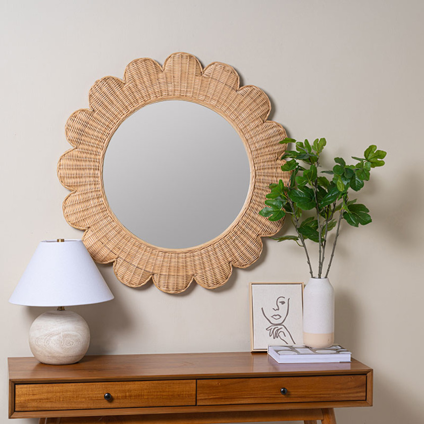 Round Scalloped Rattan Wall Mirror - Natural,Natural