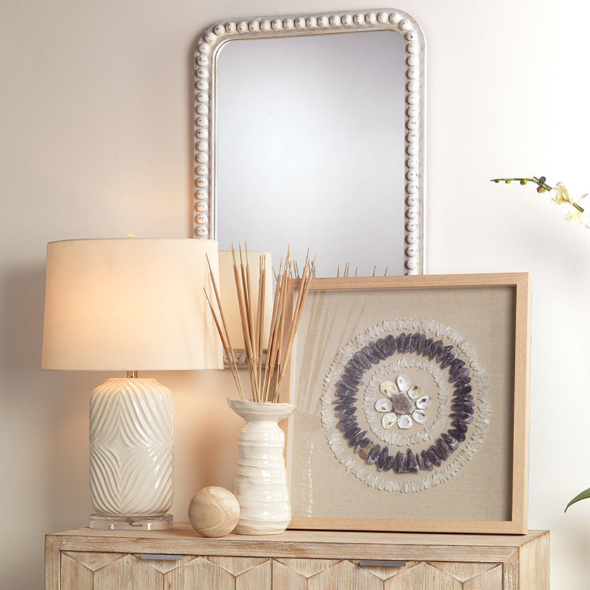 Wood Beaded Mirror - White, Rectangle,White